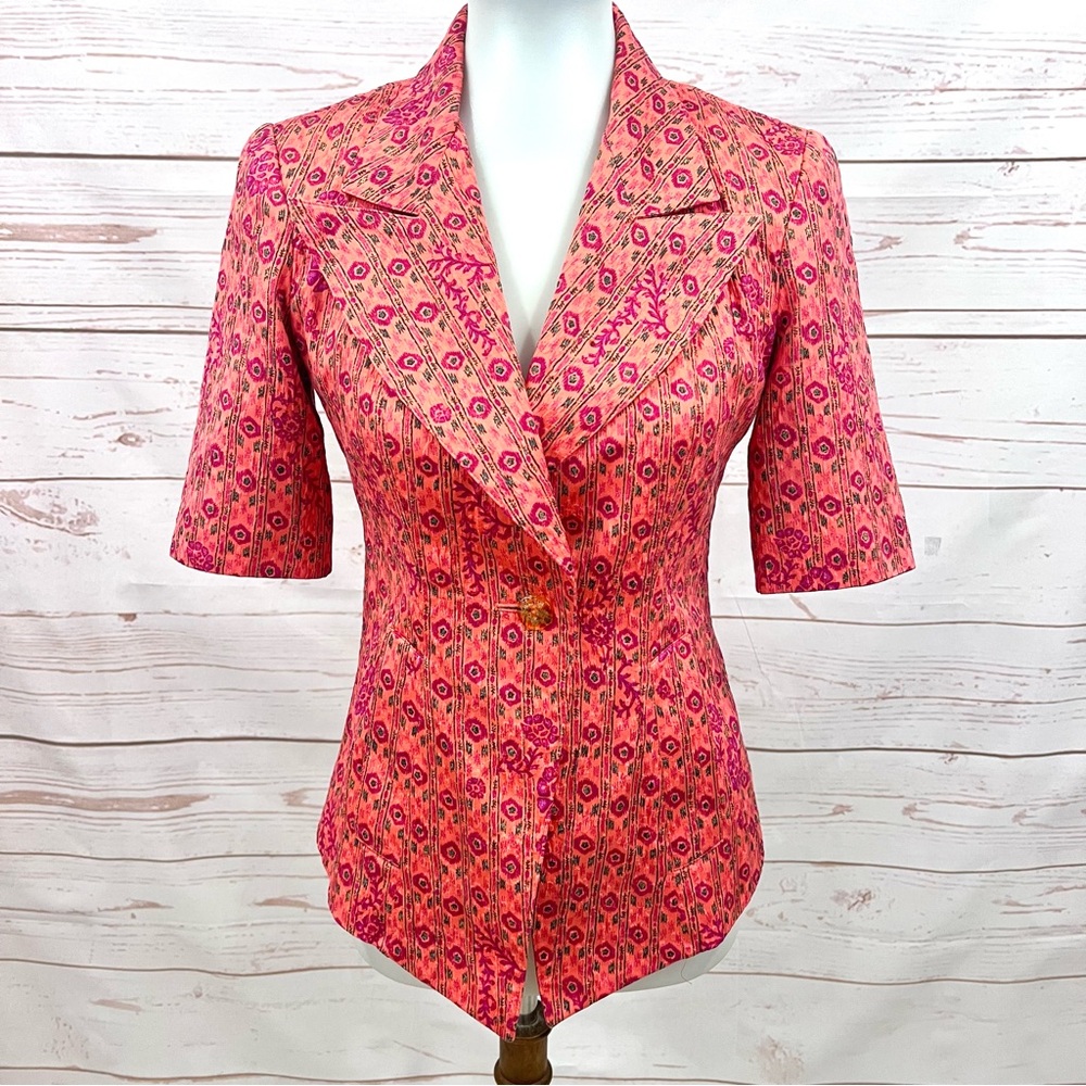 Vintage Christian Lacroix Coral Magenta Floral Aztec Short Sleeve Blazer